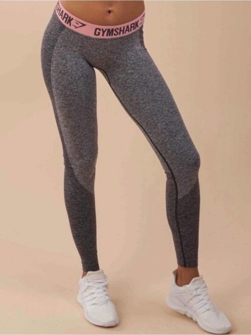 Gymshark Gray Seamless High-Rise Leggings with Pink Logo Waistband